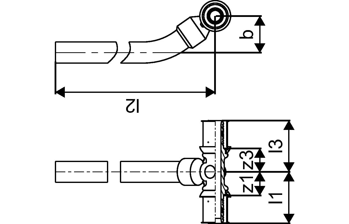 Uponor S-Press PLUS T-Stück mit HK-Anschluss, sichtbar in seitlicher und frontalem Schnitt, zeigt Rohrführung und Anschlüsse für flexible Installation.