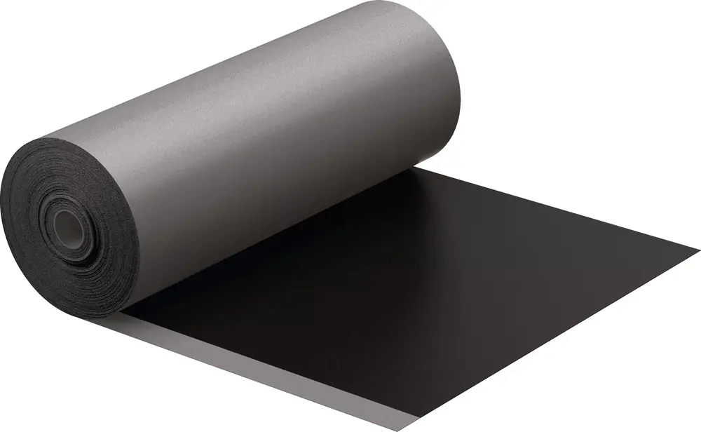 Schwarze Dampfsperrfolie auf einer Rolle, präsentiert von Uponor. Die Rolle zeigt eine glatte Oberfläche mit einer dicken, schwarzen Beschichtung.