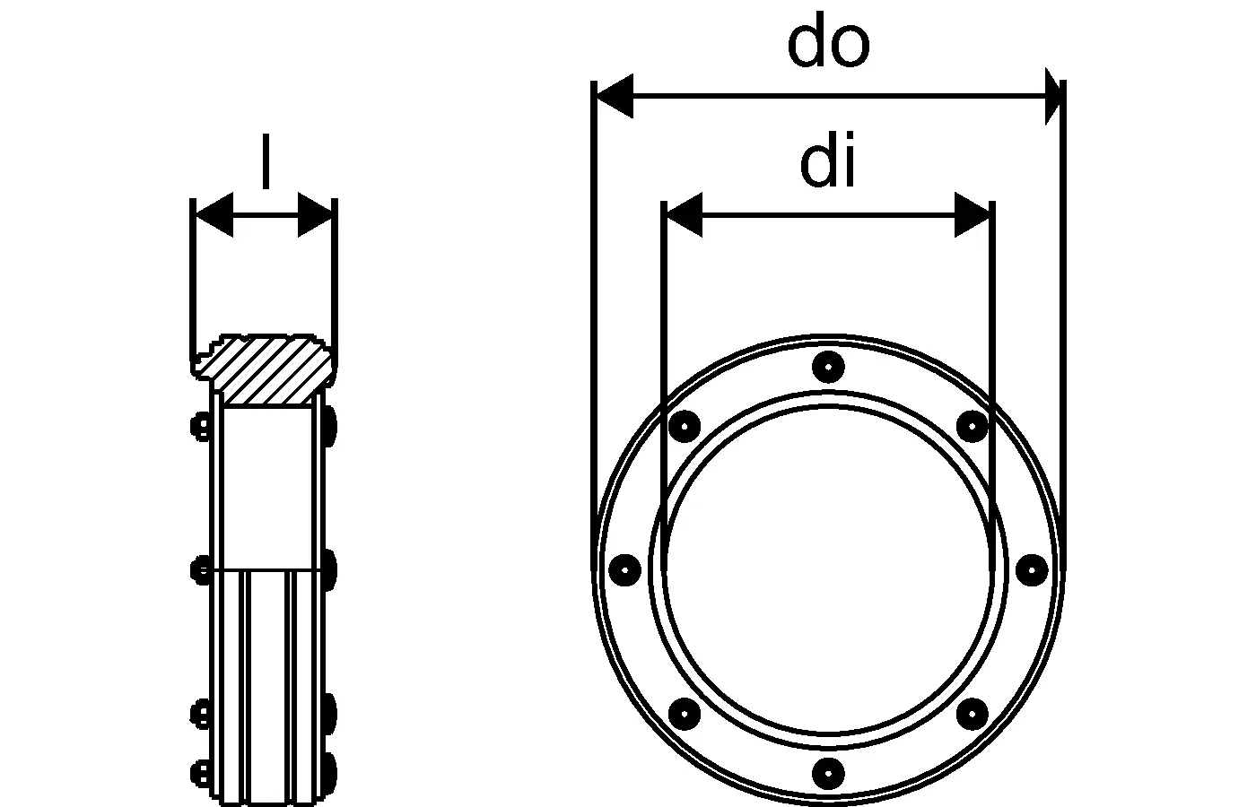 Technische Zeichnung eines Bauteils mit innerem Durchmesser (di), äußerem Durchmesser (do) und Länge (l). Hergestellt von Uponor.