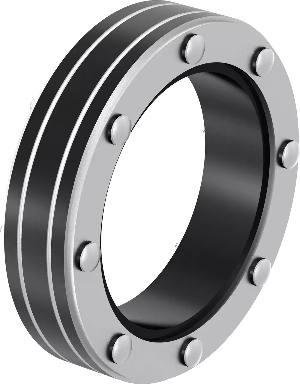 Metallischer Ring mit schwarzer Innenseite und silbernen, erhöhten Streifen. Sichtbare Schraubenköpfe um den Umfang. Hersteller: Uponor.