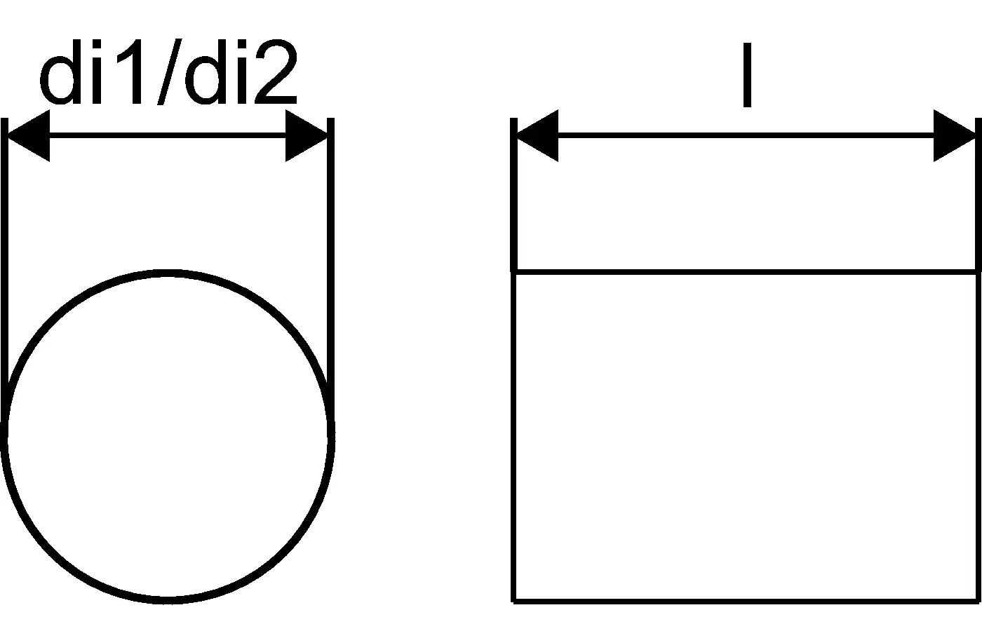 Schwarz-weißes Diagramm mit zwei Formen: ein Kreis und ein Rechteck. Beschriftungen für Durchmesser und Länge sind sichtbar. Entwurf zeigt Anwendungsmöglichkeiten für Uponor-Produkte.
