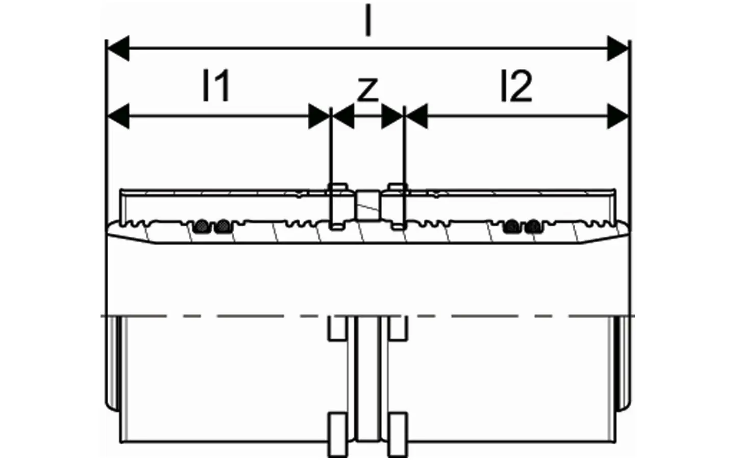 Technische Zeichnung einer Kupplung von Uponor, zeigt Seitenansicht mit Maßen und Konstruktionsdetails. Darstellung von Anschlussbereichen und Positionierung.