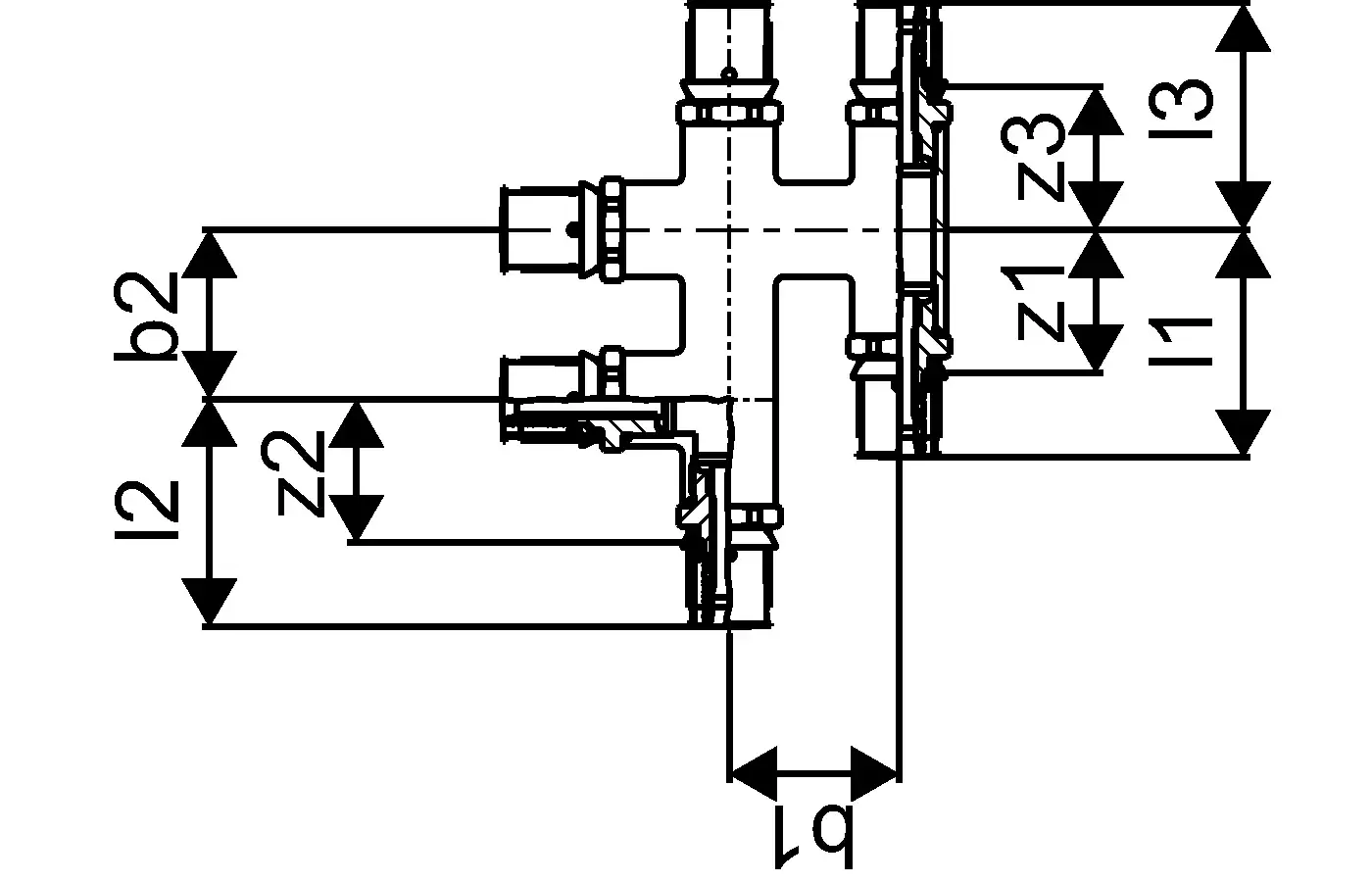 Schema einer Rohrleitungs-Standardkomponente, dargestellt mit verschiedenen Abmessungen und Verbindungen. Produkt gehört zur Uponor S-Press PLUS Serie.