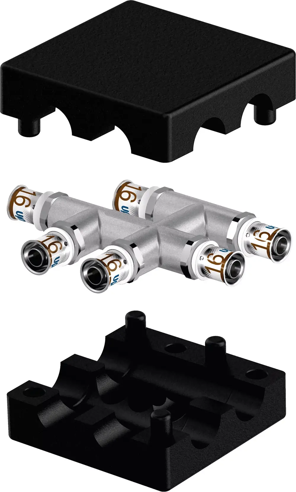 S-Press PLUS Fitting von Uponor mit Dämmbox, bestehend aus einem schwarzen Deckel und einem dreifach verteilten Anschlussstück für Rohrleitungen.