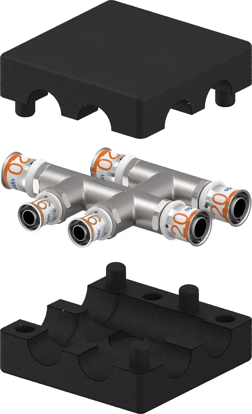 S-Press PLUS Fitting von Uponor mit Dämmbox, bestehend aus einem schwarzen Block und einem verchromten Verbindungselement mit mehreren Anschlüssen.