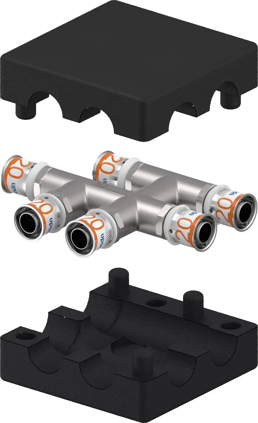 Drei Metallfittings mit orangefarbenen Markierungen, verbunden durch eine Metallröhre. Eine schwarze Dämmbox mit Aussparungen für die Fittings ist ebenfalls abgebildet. Marke: Uponor.