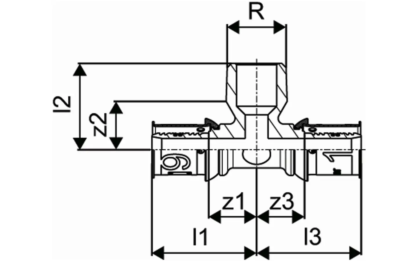 Uponor S-Press T-Stück mit Außengewinde, technische Zeichnung mit Maßangaben z1, z2, z3, I1, I2, I3 und R sichtbar.