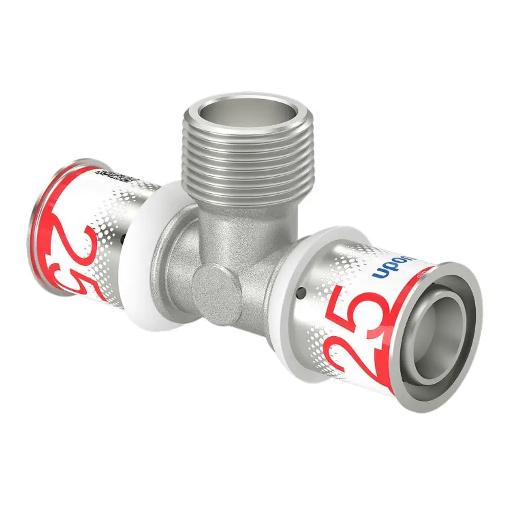 T-Stück aus Metall mit Außengewinde, zwei Anschlussstellen für Rohre und ein zentraler Anschluss, gekennzeichnet mit "Uponor".