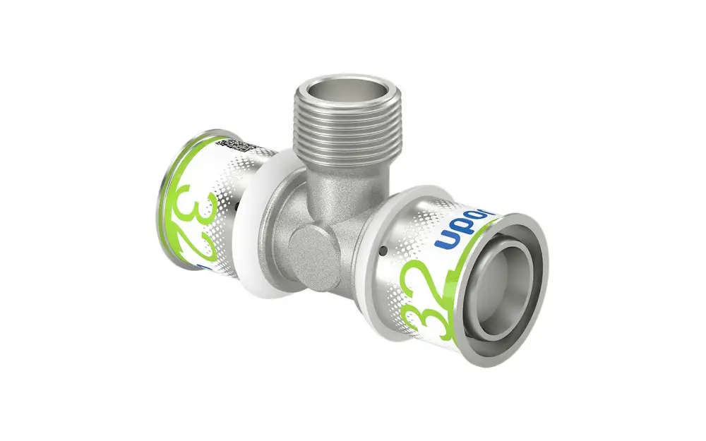 T-Stück mit Außengewinde, Material Metall, mit dem Logo der Marke Uponor. Verwendbar für Rohrverbindungen in der Sanitärtechnik.
