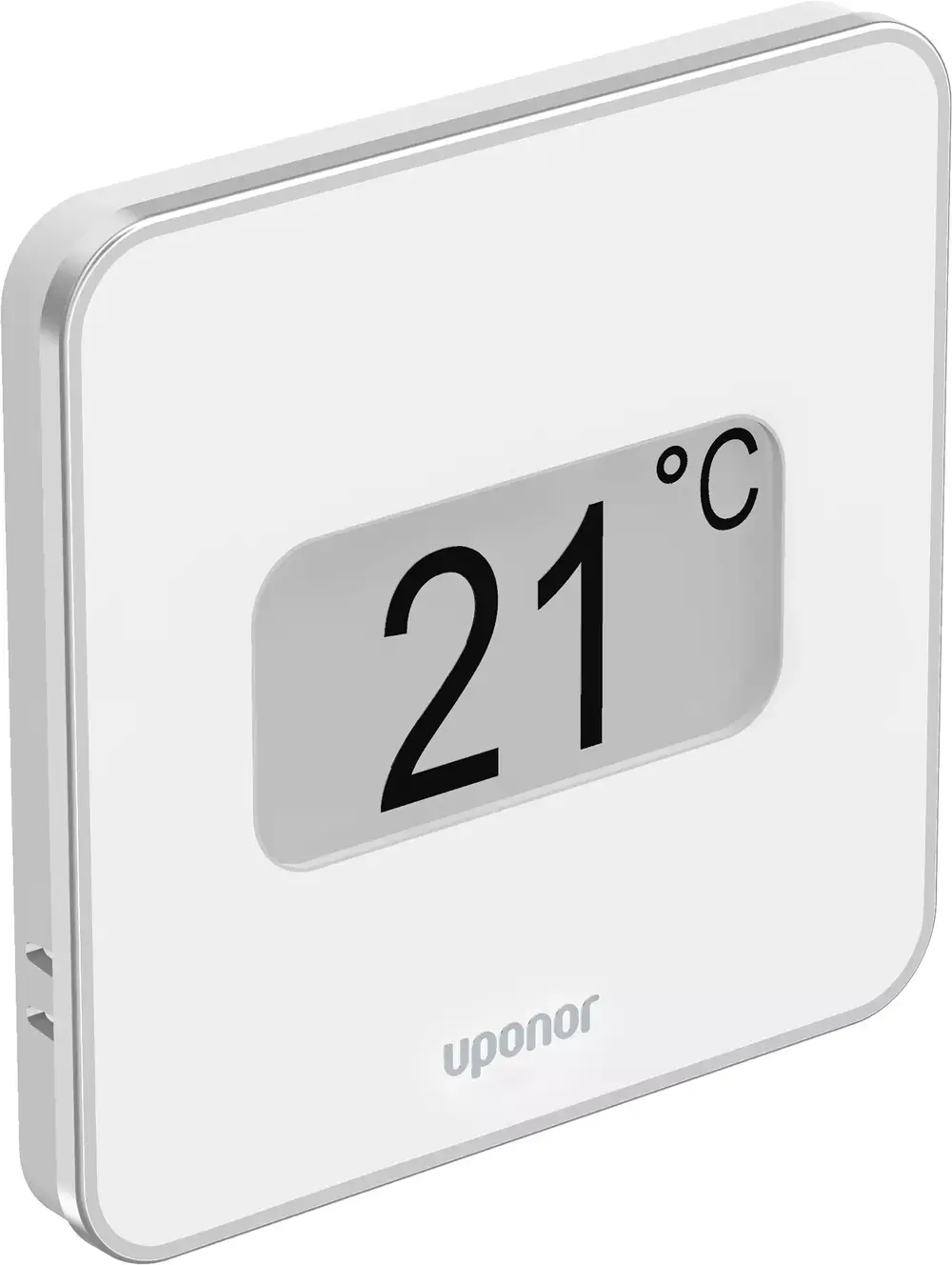 Weißes digitales Steuergerät mit klarer Anzeige, das die Temperatur misst. Auf der Vorderseite ist das Logo von Uponor zu sehen.