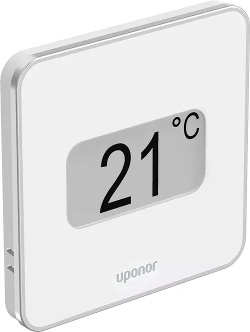 Weißes digitales Steuergerät mit klarer Anzeige, das die Temperatur misst. Auf der Vorderseite ist das Logo von Uponor zu sehen.