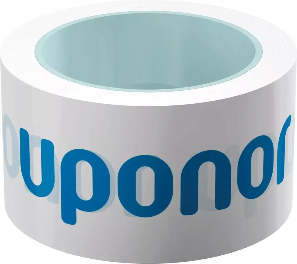 Weißes Klebeband mit blauer Aufschrift "Uponor". Die Rolle zeigt eine glatte Oberfläche und ist innen hohl.