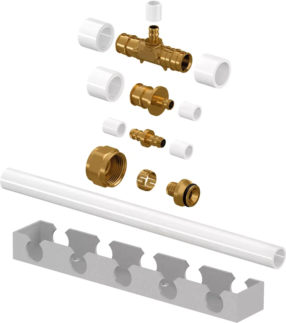 Montageset mit verschiedenen Kunststoff- und Metallverbindungsstücken für Rohrleitungen. Enthält Komponenten von Uponor für die Installation von Wasserversorgungssystemen.