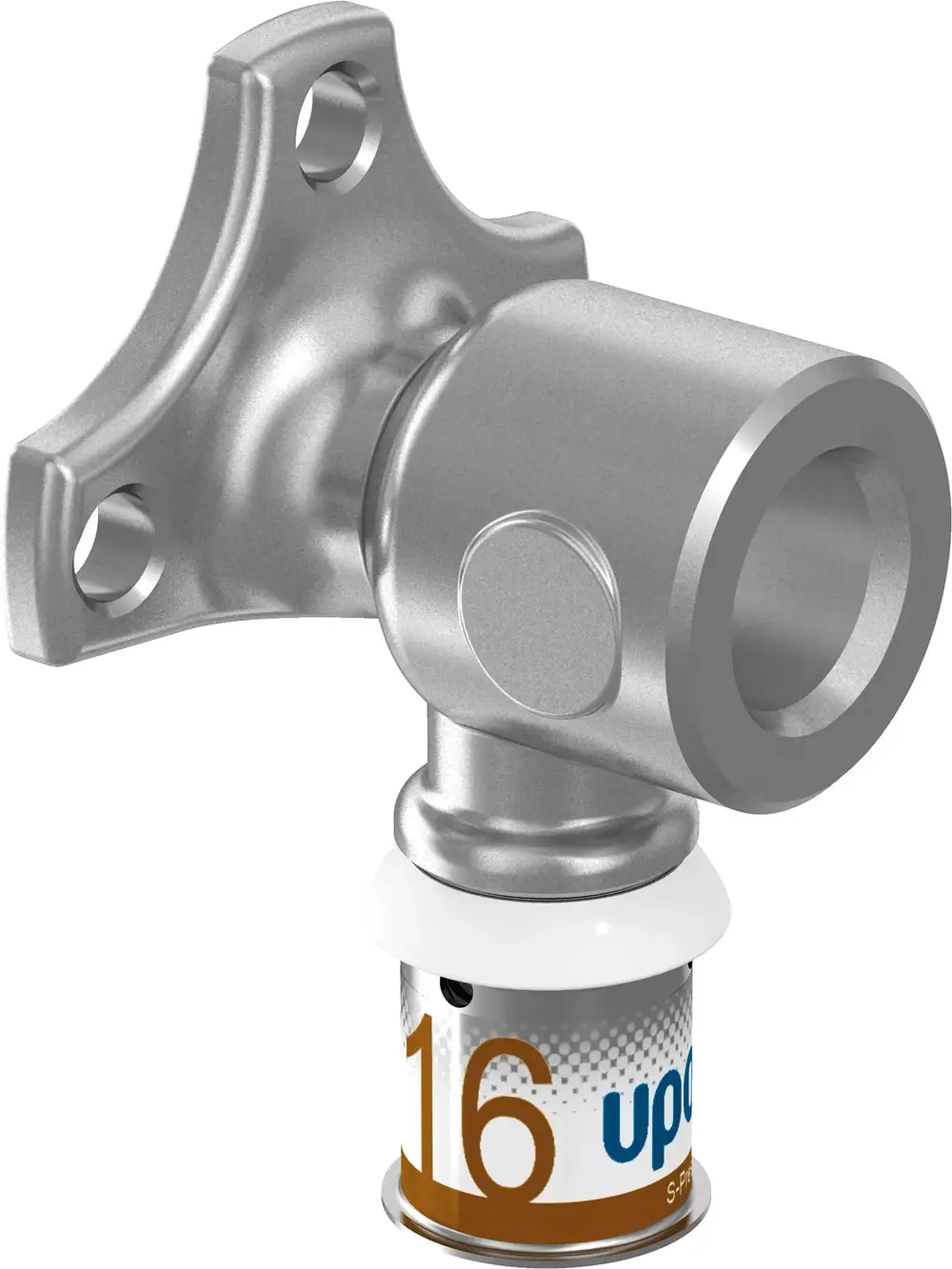 Uponor Verbindungselement aus Metall mit einer gewinkelt angeordneten Wandscheibe und einem Ansatz für einen Rohranschluss.