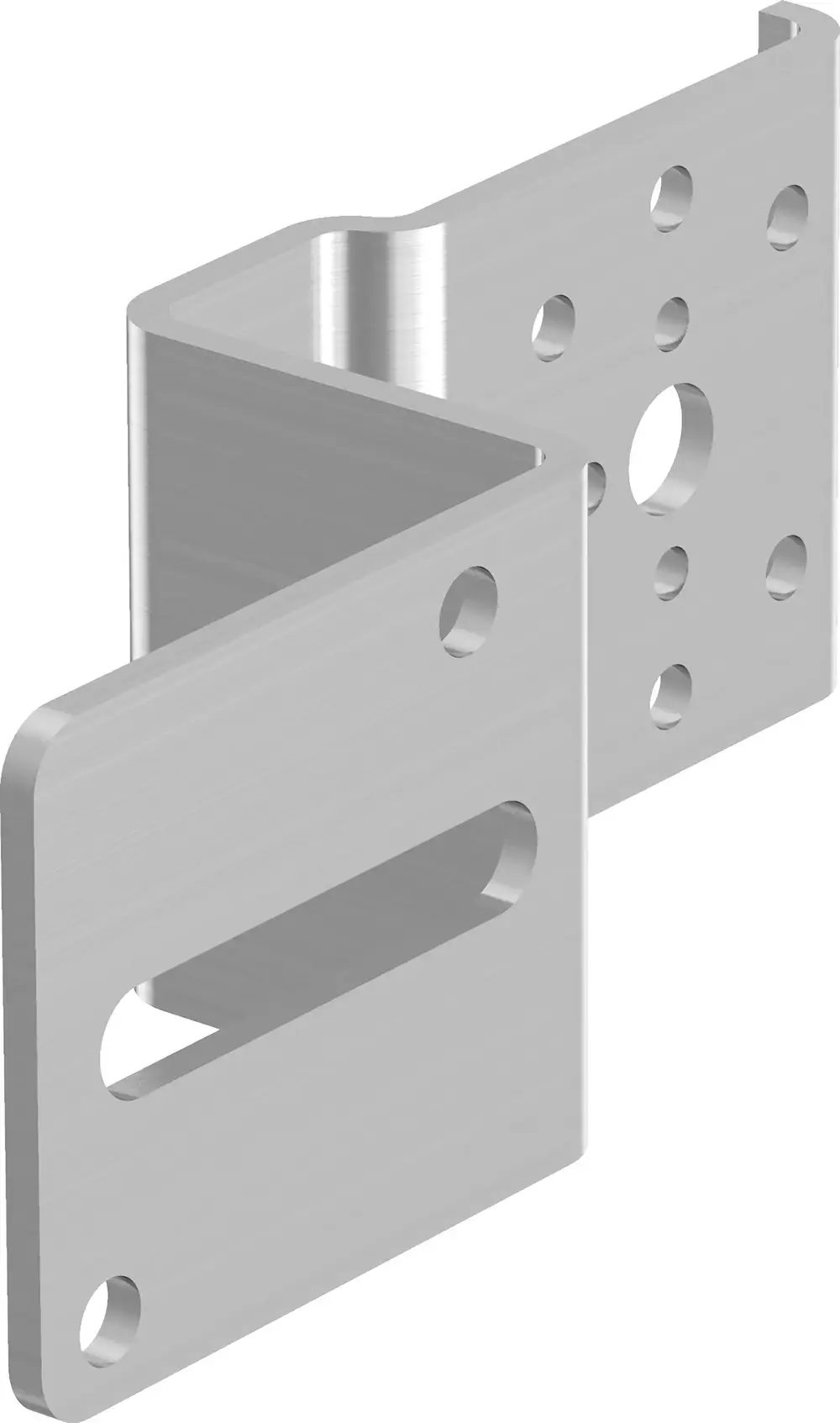 Montagewinkel aus Metall in silberner Farbe, mit mehreren Löchern und Schlitzen zur Befestigung. Produkt von Uponor, geeignet für verschiedene Montagesituationen.
