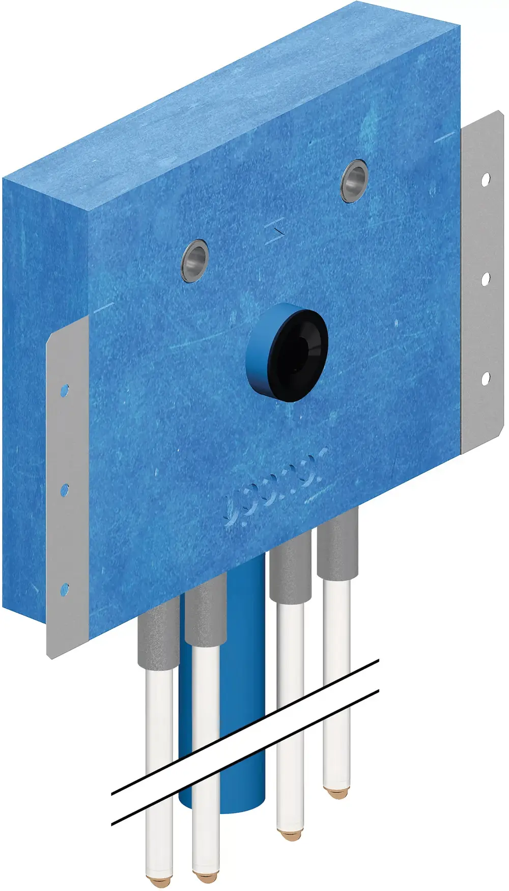 Uponor Spültischsystem mit blauem Korpus und drei Verbindungsschläuchen. Die Montageplatte zeigt Aussparungen für Befestigungen und einen zentralen Anschluss.