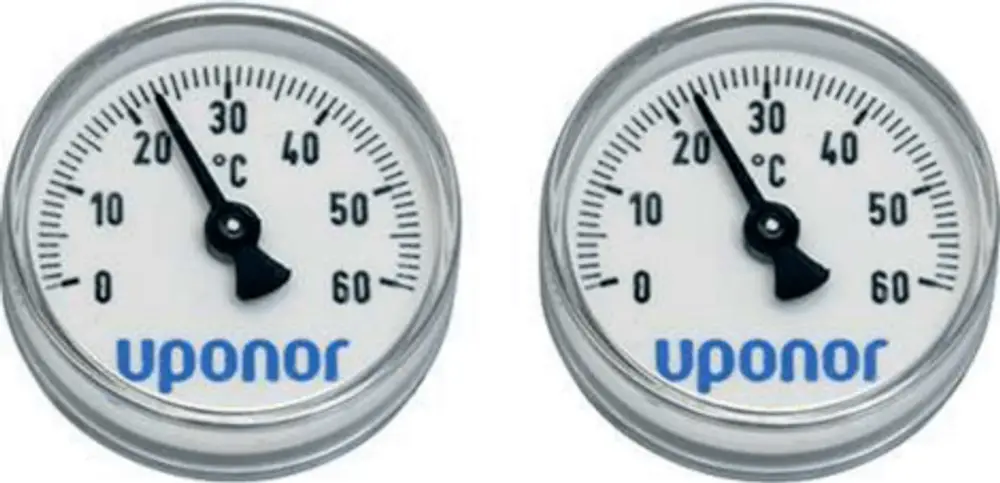 Digitale Thermometer mit dem Schriftzug "Uponor", Skala von 0 bis 60°C, abgebildet in einer klaren, runden Gehäuseform. Zeigt aktuelle Temperatur an.