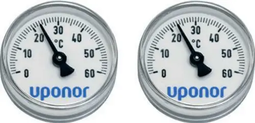 Digitale Thermometer mit dem Schriftzug "Uponor", Skala von 0 bis 60°C, abgebildet in einer klaren, runden Gehäuseform. Zeigt aktuelle Temperatur an.
