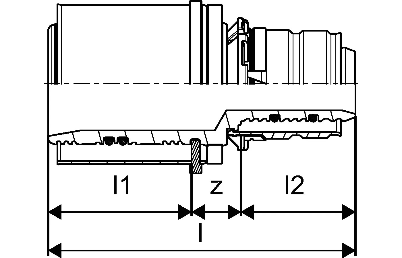 Schnittdarstellung einer Kunststoffkupplung mit Anschlussdetails, hergestellt von Uponor. Die Darstellung zeigt dimensionale Beziehungen zwischen den Komponenten.