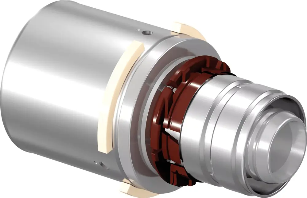 Sichtbare S-Press Kupplung mit Metallgehäuse und inneren Dichtungen, hergestellt von Uponor, für Rohrverbindungen in Heizungs- und Sanitäranlagen.