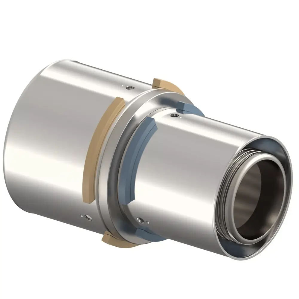 Kupplung von Uponor mit zwei unterschiedlichen Durchmessern, in einem metallischen Design. Sichtbare Rillen und Verwendung von Dichtungsmaterialien zur Sicherstellung der Verbindung.
