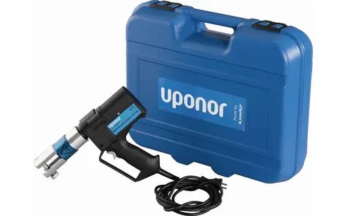 Elektrowerkzeug von Uponor in einem blauen Koffer mit Griff. Das Gerät hat eine Verbindungseinheit und ein Kabel.