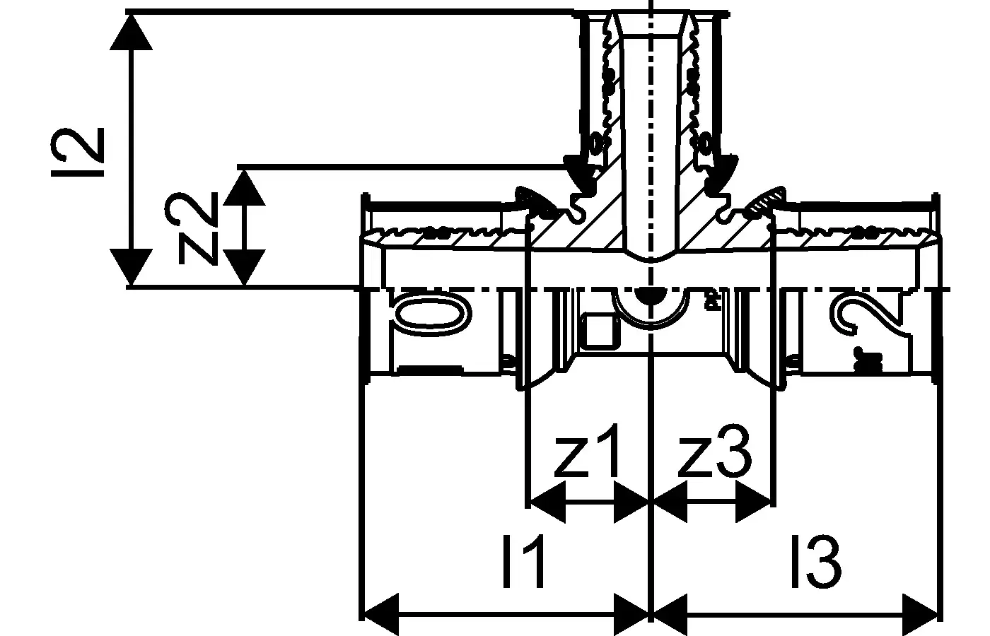 T-Stück aus PPSU mit reduzierten Durchmessern, dargestellt in einer technischen Zeichnung. Teil gehört zur Uponor S-Press PLUS Produktreihe. Schnittansicht zeigt interne Details.