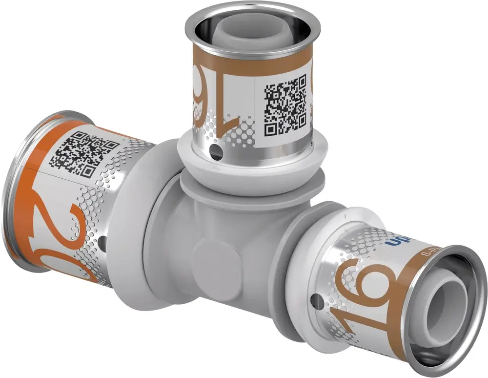 T-Stück mit zwei Anschlüssen, gefertigt von Uponor, in neutralem Design. Es ermöglicht die Verbindung von Rohrleitungen im Sanitärbereich.
