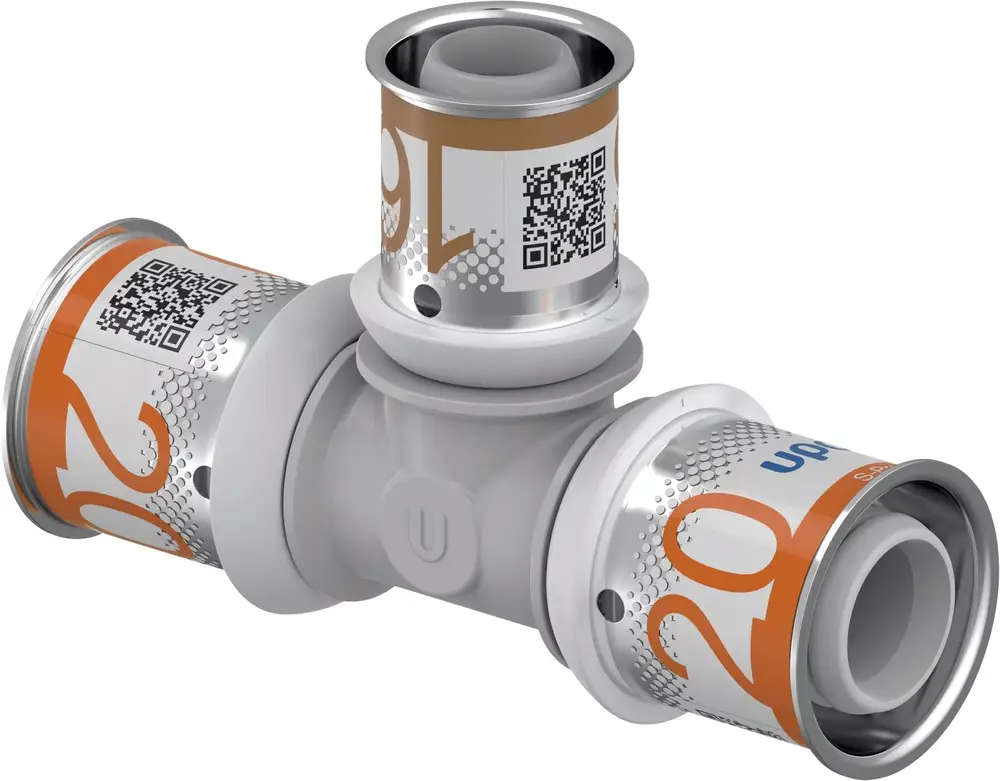 T-Stück von Uponor mit reduzierten Anschlüssen, in einem funktionalen Design zur Verbindung von Rohren. Geeignet für die Verwendung in Heizungs- oder Wasserversorgungssystemen.