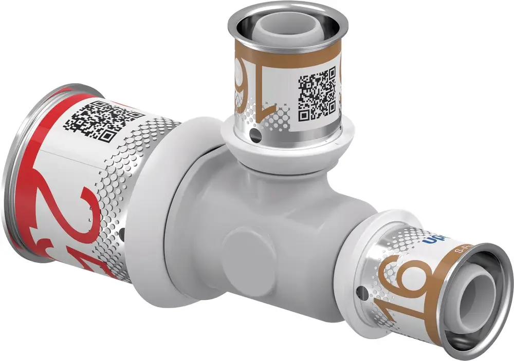 T-Stück von Uponor mit zwei Anschlüssen, gefertigt aus PPSU. Das Produkt zeigt eine reduzierte Form und ist für Rohrverbindungen konzipiert.