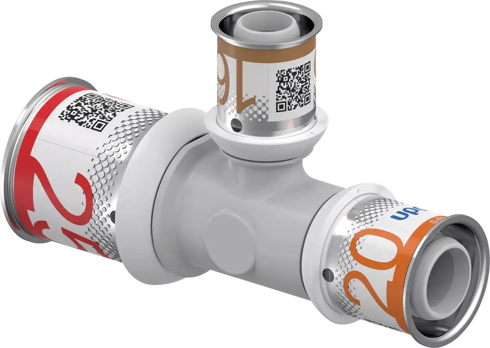 T-Stück aus grauem Kunststoff mit mehreren Anschlüssen, gekennzeichnet mit Markenlogo und QR-Code, von Uponor.