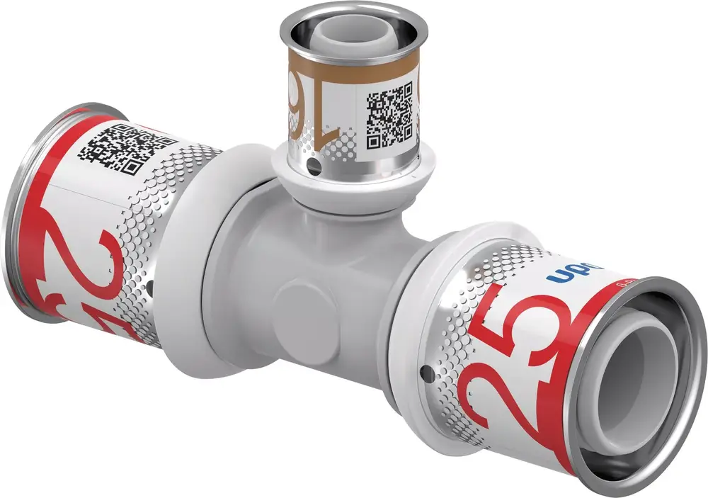 T-Stück von Uponor mit Verbindungselementen für Rohrsysteme, in neutraler Farbe, für elektrische oder hydraulische Anwendungen geeignet.