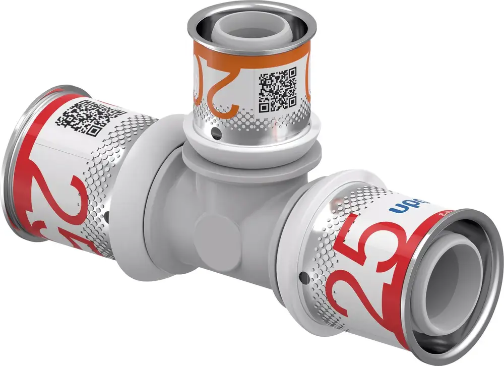 T-Stück aus PPSU von Uponor, mit reduzierten Anschlüssen, in grau und mit QR-Codes auf den Seiten für spezifische Produktinformationen.