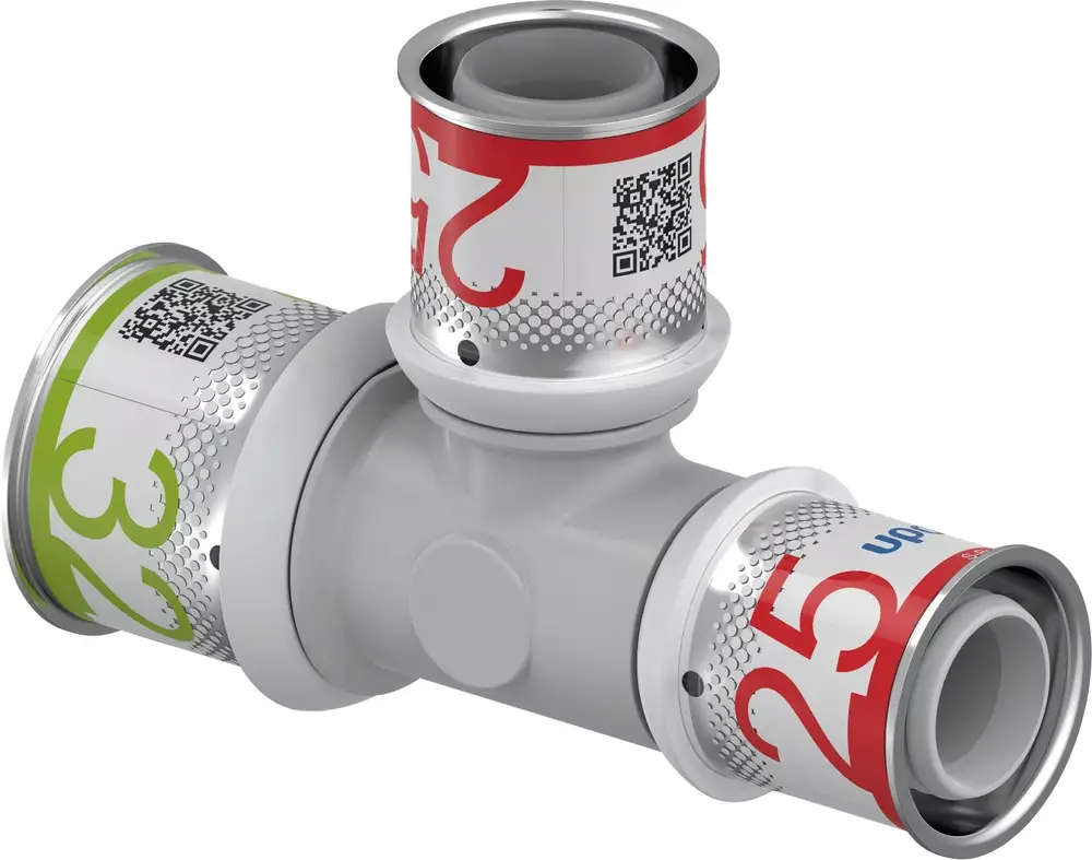 T-Stück von Uponor in kompaktem Design mit drei Anschlüssen. Die Verbindungsenden sind für einfache Installation ausgelegt. Gezeigt wird ein reduziertes Rohrsystem.