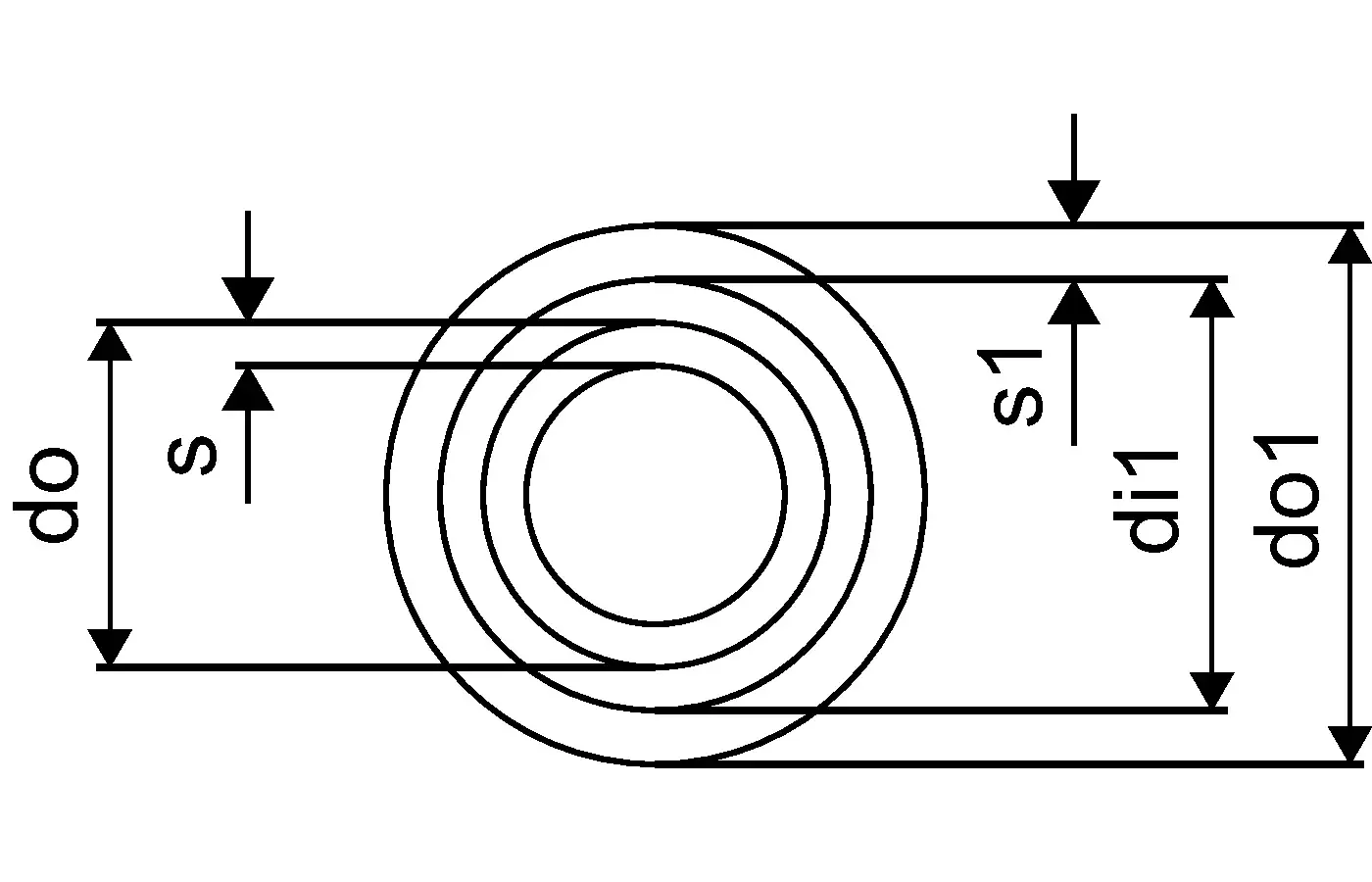 Technisches Diagramm einer Rohrkonstruktion mit verschiedenen Durchmessern und Wandstärken. Das Produkt gehört zur Uponor Uni Pipe PLUS Reihe.