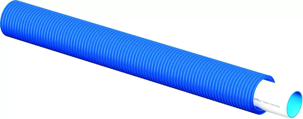 Blaues Schutzrohr mit eingezogenem Rohr, geeignet für hydraulische Systeme. Hergestellt von Uponor.