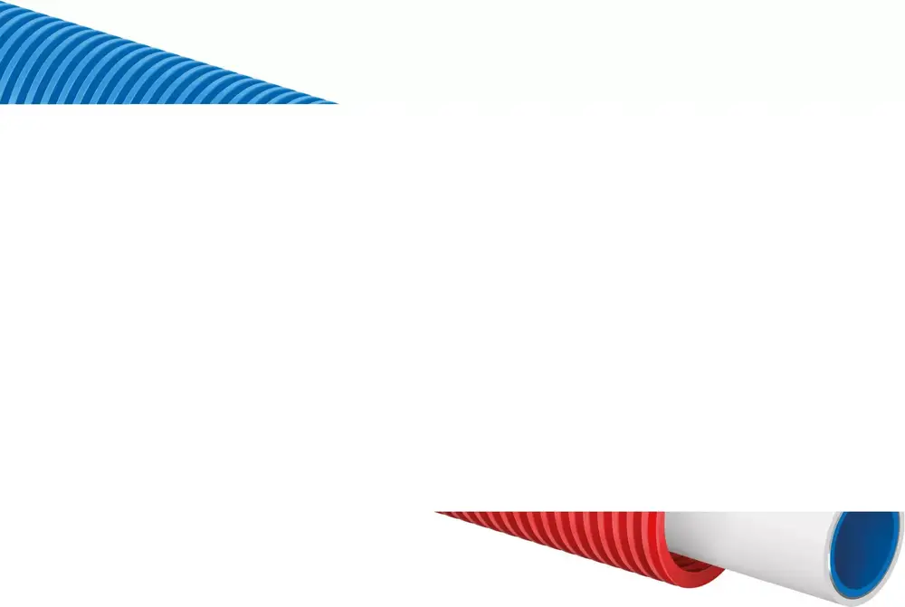 Rot-blauer Schutzschlauch mit integrierter Leitung, dargestellt in einer diagonal geschnittenen Ansicht, von Uponor.