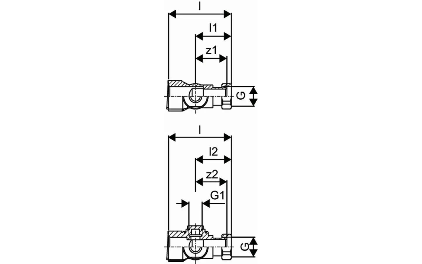 Schematische Darstellung eines Verteileranschlusses mit Maßen und Anschlussdetails, typischerweise von Uponor verwendet.