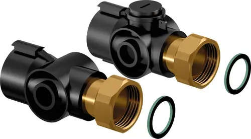 Zwei schwarze Verteileranschlüsse mit goldenen Gewinden, umgeben von grünen Dichtungen. Produkt von Uponor, geeignet für diverse Installationen.