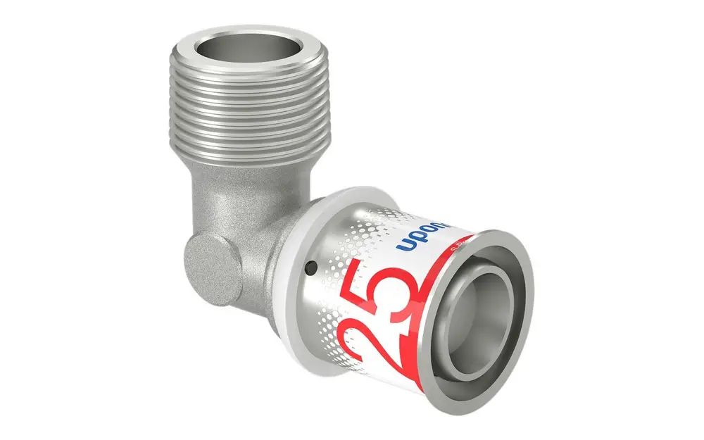 Winkelnippel aus Metall mit einem Gewindeanschluss und einer Innenfläche. Markierung mit der Marke „Uponor“ ist sichtbar. Das Produkt hat eine kompakte Bauform.