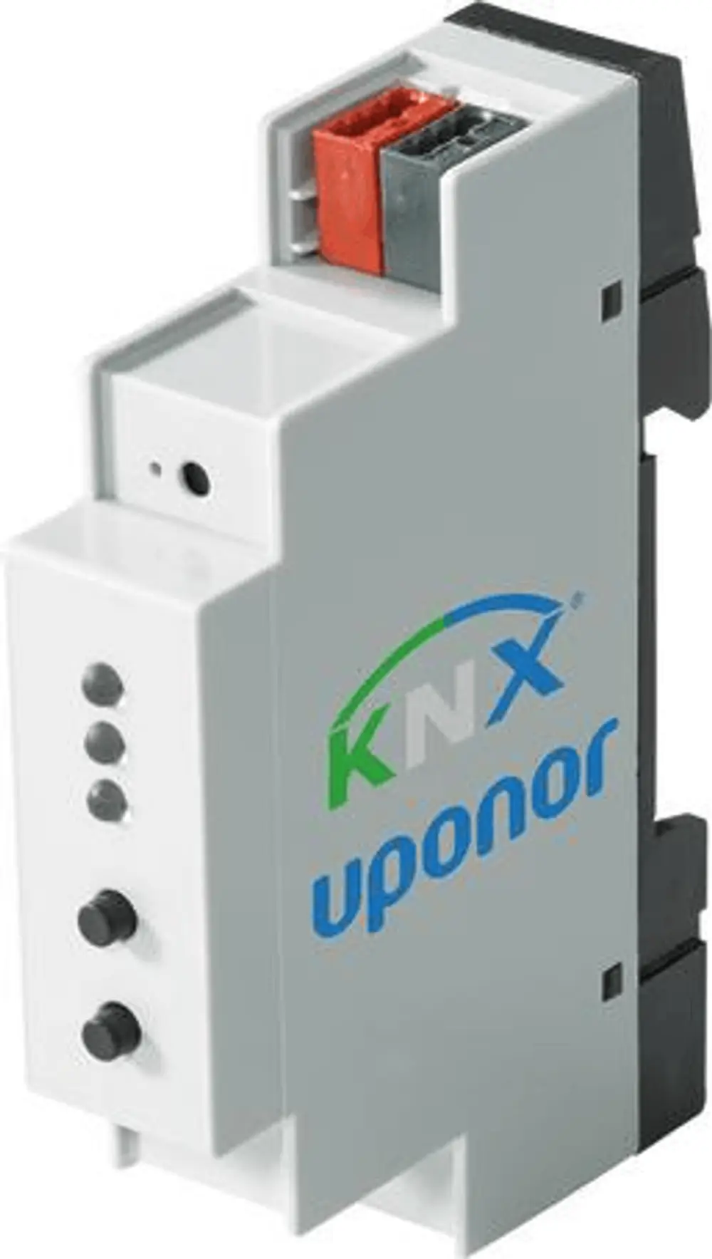 Weißes Anschlussmodul von Uponor mit mehreren Tasten und Anschlussmöglichkeiten, das offensichtlich für die KNX-Technologie konzipiert ist.