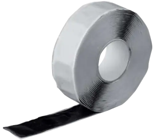 Schwarzes Dichtband auf einer Rolle. Die Oberfläche ist glatt, und das Band ist aufgerollt. Hersteller ist Uponor.