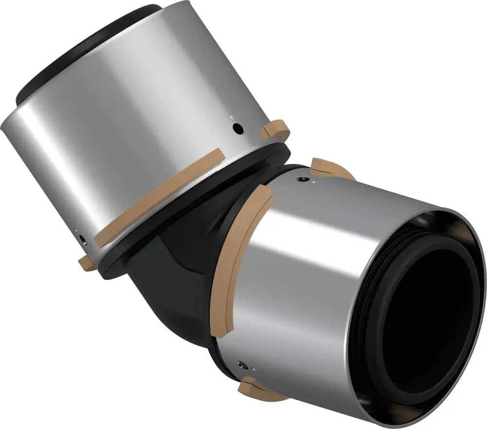 Verbindungswinkel aus PPSU mit einer Biegung von 45°, geeignet für Rohrsysteme, hergestellt von Uponor. Zeigt zwei Anschlussteile mit metallischen und schwarzen Elementen.