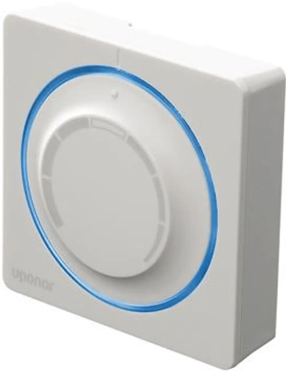Raumthermostat in Weiß mit blauer LED-Leuchte, hergestellt von Uponor. Drehregler in der Mitte für die Temperatureinstellung. Einfaches, funktionales Design.