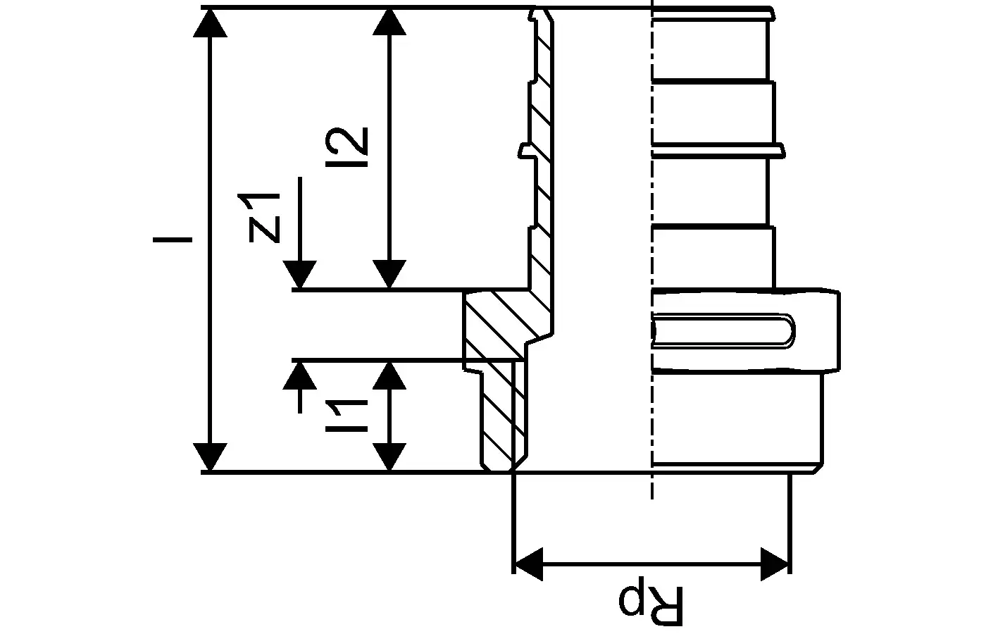 Uponor Übergangsmuffe mit erkennbaren Maßen, dargestellt in Schnittansicht, mit klaren geometrischen Formen für die Verbindung von Rohrsystemen.