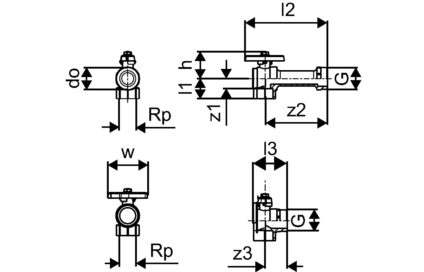 Uponor Vario Eck-Kugelhahn mit verschiedenen Anschlussarten und Abmessungen, dargestellt in mehreren Ansichten für technische Detailinformationen.