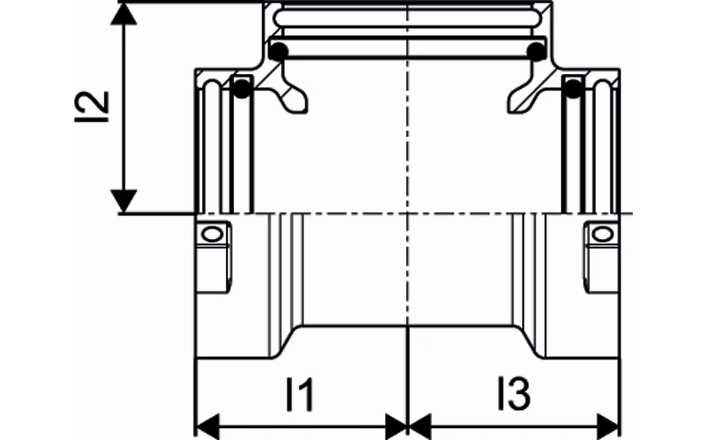 T-Stück von Uponor mit drei Anschlüssen, schematische Darstellung mit Maßen, zeigt die Konstruktion und die Anschlussmöglichkeiten.