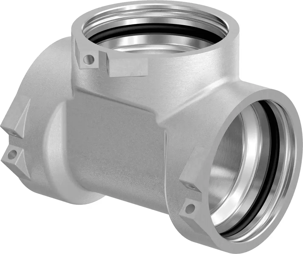 Silbernes T-Stück aus Metall mit einem glatten Innenfinish, geeignet für Rohrverbindungen. Hersteller ist Uponor.