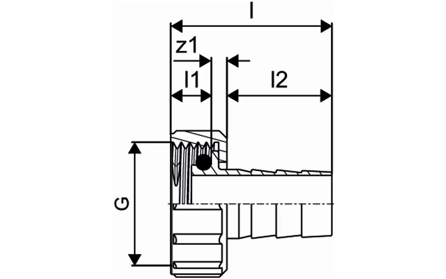 Schlauchtülle von Uponor, mit einer klaren Darstellung der Dimensionen und Schnittansicht. Technische Angaben wie I, G, z1, I1 und I2 sind abgebildet.