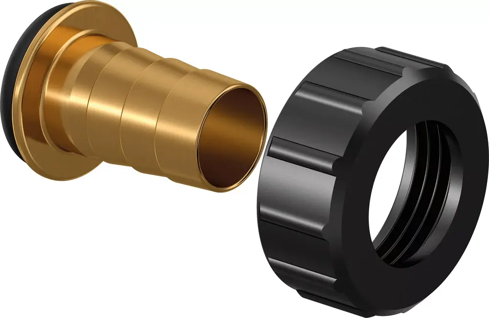 Zwei Teile einer Kupplung: eine goldene Schlauchtülle mit einem O-Ring und ein schwarzes Gewinde. Beide Komponenten sind aus robustem Material von Uponor.